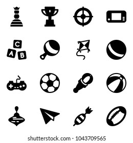 Solid vector icon set - chess queen vector, win cup, target, game console, abc cube, beanbag, kite, ball, gamepad, soccer, beach, wirligig toy, paper plane, dart, football
