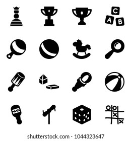Solid vector icon set - chess queen vector, win cup, gold, abc cube, beanbag, ball, rocking horse, constructor blocks, beach, toy windmill, bones, Tic tac toe