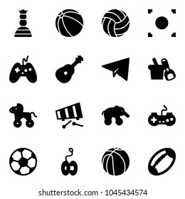 Solid vector icon set - chess queen vector, ball, volleyball, record button, joystick, guitar, paper plane, shovel bucket, wheel horse, xylophone, elephant, gamepad, soccer, yoyo, basketball