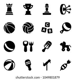 Solid vector icon set - chess tower vector, win cup, pawn, solution, ball, volleyball, abc cube, beanbag, shovel fork toy, wheel horse, beach, windmill, dart