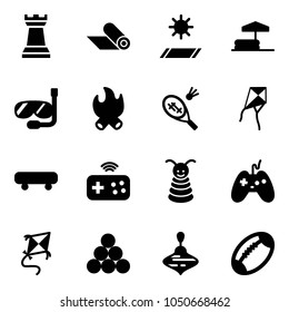 Solid vector icon set - chess tower vector, mat, inflatable pool, diving, fire, badminton, kite, skateboard, joystick wireless, pyramid toy, billiards balls, wirligig, football