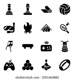 Solid vector icon set - chess queen vector, pawn, mat, volleyball, diving, fire, tent, badminton, kite, skateboard, joystick wireless, pyramid toy, billiards balls, wirligig, football