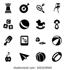 Solid vector icon set - chess tower vector, target, badminton, kite, abc cube, ball, rocking horse, beanbag, game console, constructor blocks, beach, yoyo, paper plane, basketball, football