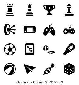 Solid vector icon set - chess tower vector, queen, gold cup, pawn, solution, game console, joystick, gamepad, soccer ball, constructor blocks, beanbag, beach, paper plane, dart, bones