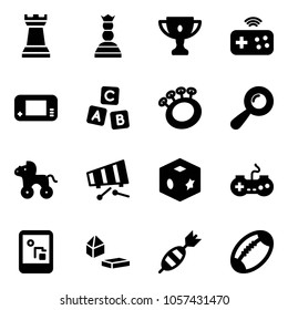 Solid vector icon set - chess tower vector, queen, gold cup, joystick wireless, game console, abc cube, beanbag, wheel horse, xylophone, toy, gamepad, constructor blocks, dart, football
