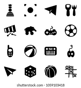 Solid vector icon set - chess queen vector, record button, paper plane, shovel fork toy, xylophone, elephant wheel, gamepad, soccer ball, phone, beach, piano, yoyo, bones, basketball, Tic tac toe