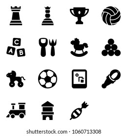 Solid vector icon set - chess tower vector, queen, gold cup, volleyball, abc cube, shovel fork toy, rocking horse, billiards balls, wheel, soccer ball, game console, beanbag, train, block house