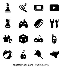 Solid vector icon set - chess queen vector, badminton, game console, playback, pyramid toy, joystick, tambourine, shovel fork, bucket, cube, gamepad, phone, beach ball, yoyo, unicorn stick