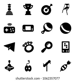 Solid vector icon set - chess queen vector, win cup, target, kite, joystick wireless, game console, beanbag, ball, paper plane, wirligig toy, yoyo, windmill, dart