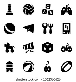 Solid vector icon set - chess queen vector, volleyball, abc cube, joystick, ball, paper plane, shovel fork toy, game console, wheel horse, xylophone, gamepad, block house, beach, yoyo, football
