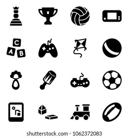 Solid vector icon set - chess queen vector, gold cup, volleyball, game console, abc cube, joystick, kite, ball, beanbag, gamepad, soccer, constructor blocks, toy train, football