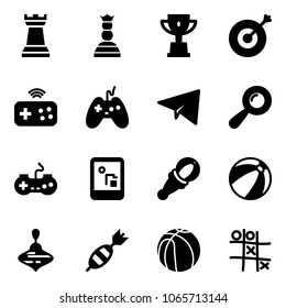 Solid vector icon set - chess tower vector, queen, win cup, target, joystick wireless, paper plane, beanbag, gamepad, game console, beach ball, wirligig toy, dart, basketball, Tic tac toe