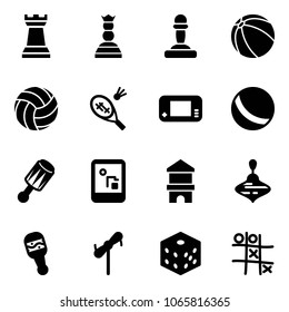 Solid vector icon set - chess tower vector, queen, pawn, ball, volleyball, badminton, game console, beanbag, toy block house, wirligig, windmill, bones, Tic tac toe