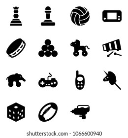Solid vector icon set - chess queen vector, pawn, volleyball, game console, tambourine, billiards balls, wheel horse, xylophone, elephant, gamepad, phone toy, unicorn stick, bones, football