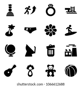 Solid vector icon set - chess queen vector, career, diamond ring, pool, palm, swimsuit, flower, surfing, globe, satellite antenna, trash bin, plant, guitar, beanbag, bear toy, basketball