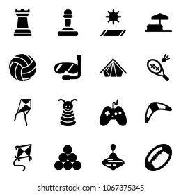 Solid vector icon set - chess tower vector, pawn, mat, inflatable pool, volleyball, diving, tent, badminton, kite, pyramid toy, joystick, boomerang, billiards balls, wirligig, football