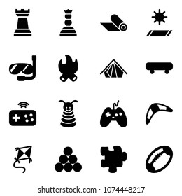 Solid vector icon set - chess tower vector, queen, mat, diving, fire, tent, skateboard, joystick wireless, pyramid toy, boomerang, kite, billiards balls, puzzle, football