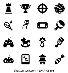 Solid vector icon set - chess tower vector, gold cup, target, volleyball, badminton, kite, game console, beanbag, joystick, rocking horse, gamepad, toy block house, dart