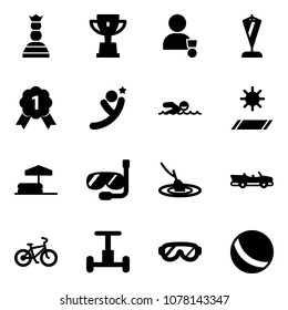 Solid vector icon set - chess queen vector, win cup, winner, pennant, gold medal, flying man, swimming, mat, inflatable pool, diving, fishing, cabrio, bike, gyroscope, protective glasses, ball