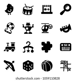 Solid vector icon set - chicken toy vector, drum, abacus, beanbag, teethers, robot, helicopter, horn, train, baby carousel, puzzle, piano, bow, bones, basketball, Tic tac toe