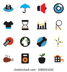 solid vector icon set - chicken leg vector, apple fruit, constellation, pie graph, jump rope, t shirt, bone, earth, umbrella, weight, barcode, speaker, equalizer, sand clock, cottage