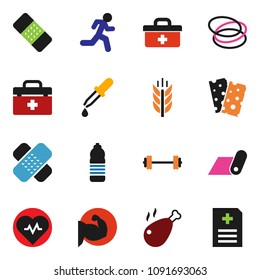 solid vector icon set - chicken leg vector, barbell, heart pulse, muscule hand, water bottle, fitness mat, cereals, breads, hoop, run, doctor bag, dropper, patch, anamnesis