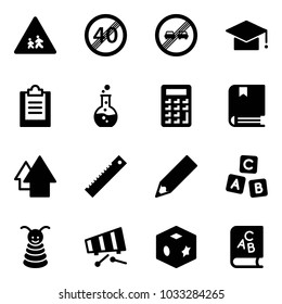 Solid vector icon set - children vector road sign, end speed limit, overtake, graduate hat, clipboard, round flask, calculator, book, arrow up, ruler, pencil, abc cube, pyramid toy, xylophone