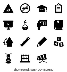 Solid vector icon set - children vector road sign, end overtake limit, graduate hat, clipboard, presentation board, round flask, book, arrow up, ruler, pencil, abc cube, pyramid toy, abacus