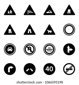 Solid vector icon set - children vector road sign, side wind, car crash, narrows, cow, prohibition, no, turn back, tax peage, only forward right, detour, minimal speed limit, end overtake