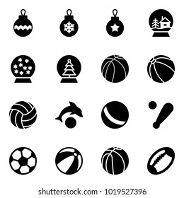 Solid vector icon set - christmas ball vector, snowball house, tree, basketball, volleyball, dolphin, baseball bat, soccer, beach, football