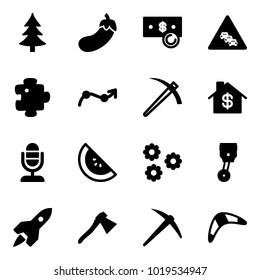 Solid vector icon set - christmas tree vector, eggplant, cash, multi lane traffic road sign, puzzle, chart point arrow, job, home dollar, microphone, watermelone, flower, piston, rocket, axe