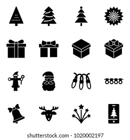 Solid vector icon set - christmas tree vector, firework, gift, santa claus, garland, bell, deer, mobile