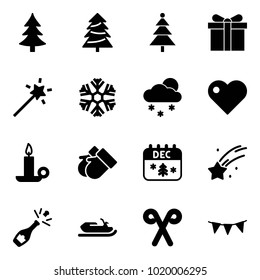 Solid vector icon set - christmas tree vector, gift, Magic wand, snowflake, snowfall, heart, candle, gloves, calendar, falling star, champagne, snowmobile, santa stick, flag garland