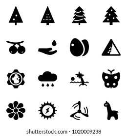 Solid vector icon set - christmas tree vector, rowanberry, drop hand, eggs, landslide road sign, gear globe, rain cloud, palm, butterfly, flower, sun power, wind mill, toy giraffe