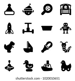 Solid vector icon set - christmas hat vector, elf, bacteria, money chest, rocket, gyroscope, basin, robot, dinosaur toy, sailboat, beanbag, caterpillar, wirligig, duck, boat