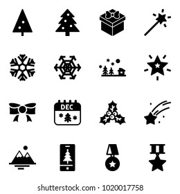 Solid vector icon set - christmas tree vector, gift, Magic wand, snowflake, landscape, star, bow, calendar, holly, falling, mountains, mobile, medal