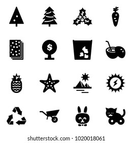 Solid vector icon set - christmas tree vector, holly, carrot, breads, money, garbage, coconut cocktail, pineapple, starfish, pyramid, sun power, recycling, wheelbarrow, toy rabbit, cat