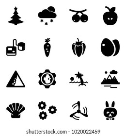 Solid vector icon set - christmas tree vector, snowfall, rowanberry, apple, tonometer, carrot, sweet pepper, eggs, landslide road sign, gear globe, palm, mountains, shell, flower, wind mill