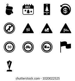 Solid vector icon set - christmas glove vector, calendar, mobile, money back, no parkin odd, oncoming traffic road sign, railway intersection, side wind, speed limit 50, bike, truck overtake, flag