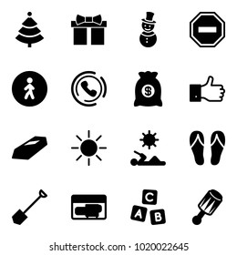 Solid vector icon set - christmas tree vector, gift, snowman, no way road sign, pedestrian, phone horn, money bag, finger up, gold, sun, reading, flip flops, shovel, generator, abc cube, beanbag