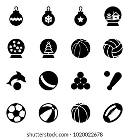 Solid vector icon set - christmas ball vector, snowball house, tree, basketball, volleyball, dolphin, billiards balls, baseball bat, soccer, beach, football