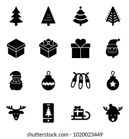 Solid vector icon set - christmas tree vector, gift, santa claus, ball, garland, deer, mobile, sleigh, hat