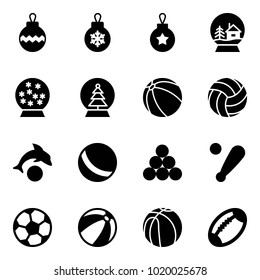 Solid vector icon set - christmas ball vector, snowball house, tree, volleyball, dolphin, billiards balls, baseball bat, soccer, beach, basketball, football