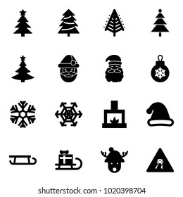 Solid vector icon set - christmas tree vector, santa claus, ball, snowflake, fireplace, hat, sleigh, gift, deer, slippery road sign