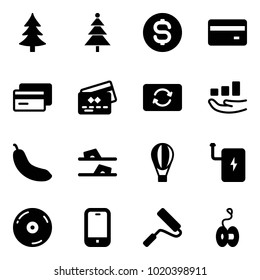 Solid vector icon set - christmas tree vector, dollar coin, credit card, exchange, growth, banana, flip flops, air balloon, power bank, cd, mobile phone, paint roller, yoyo