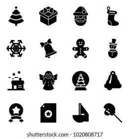 Solid vector icon set - christmas tree vector, gift, santa claus, sock, snowflake, bell, cake man, snowman, house, angel, snowball, star medal, certificate, sailboat toy, horse stick