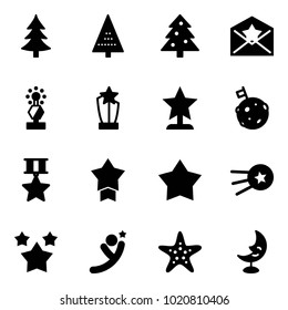 Solid vector icon set - christmas tree vector, star letter, award, moon flag, medal, first satellite, stars, flying man, starfish, lamp