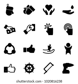 Solid vector icon set - christmas glove vector, gloves, heart care, drop hand, cash pay, touch, cursor, social, like, sproute, success, finger up, wheel, metal hacksaw, drill