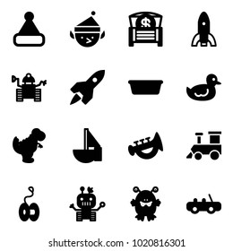 Solid vector icon set - christmas hat vector, elf, money chest, rocket, robot, basin, duck toy, dinosaur, sailboat, horn, train, yoyo, monster, car