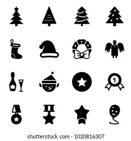 Solid vector icon set - christmas tree vector, sock, hat, wreath, angel, wine, elf, star medal, gold, balloon smile